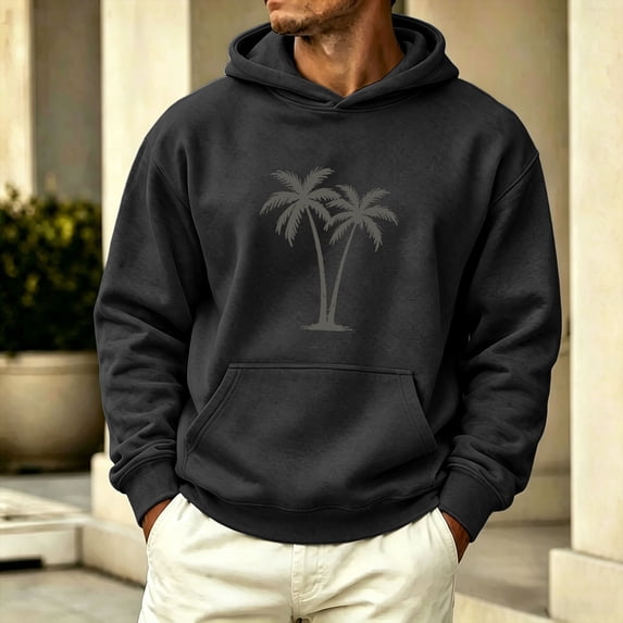 Zylanna Men's Pullover Hooded Sweatshirts with Front Pocket, Soft & Comfy Palm Tree Solid Hoodies Long Sleeve Casual Outdoor Basic Top for Men Black
