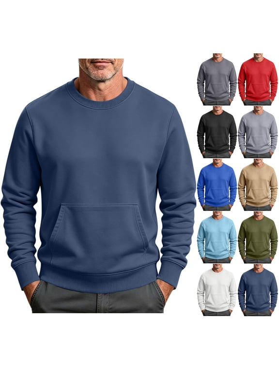 Men's Pullover Sweatshirt with Kangaroo Pockets, Ribbed Trim Warm Solid Color Relaxed Fit Long Sleeve Crew Neck Casual Loungewear Tops for Daily Outing Navy