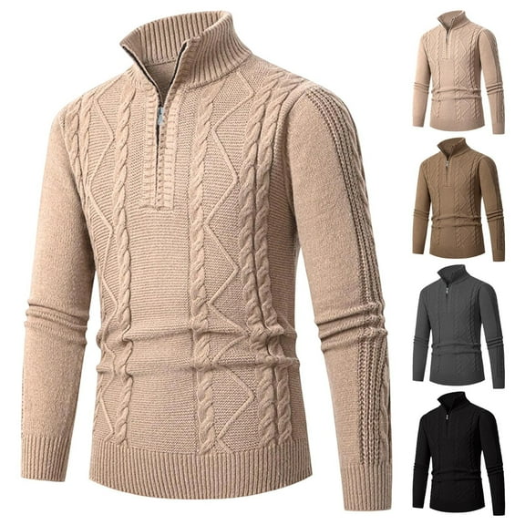 Zylanna Men's Quarter Zip Stand Up Collar Sweaters, Warm and Comfy Long Sleeve Casual Business Knitted Pullover Khaki Size 2XL