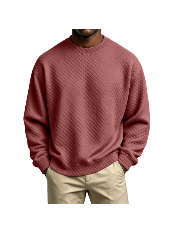 Men's Quilted Pullover Sweatshirt, Crew Neck Lightweight Solid Color Long Sleeve Loose Fit Stretchy Casual Daily Loungewear Tops for Gentlemen Wine