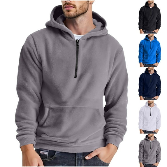 Zylanna Men's Sherpa Hoodie Sweatshirts, Pocket Quarter Zip Soft Fleece Winter Casual Fuzzy Pullover Gray Size 2XL
