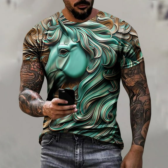 Zylanna Men's Short Sleeve T-Shirts, Summer Lightweight Crew Neck Relief Steed Print Daily leisure Tops for Men Light Blue Size 5XL