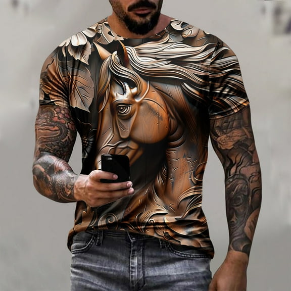 Zylanna Men's Short Sleeve T-Shirts, Summer Relief Steed Print Crew Neck Lightweight Daily leisure Tops for Men Coffee Size S