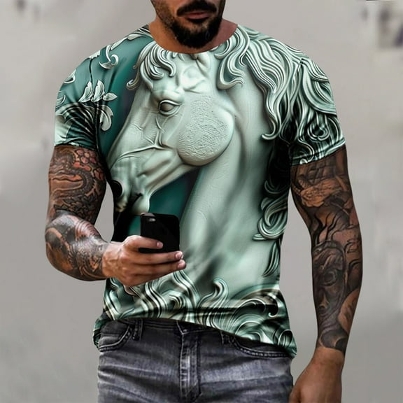 Zylanna Men's Short Sleeve T-Shirts, Summer Relief Steed Print Crew Neck Lightweight Daily leisure Tops for Men Mint Green Size L