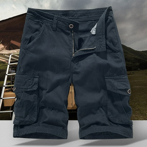 Zylanna Men's Shorts Cargo Pants, Loose Relax Fit Solid Color Outdoor Workwear Multi-Pockets Straight Button Sports Cargo Shorts for Men Dark Blue Size 3XL