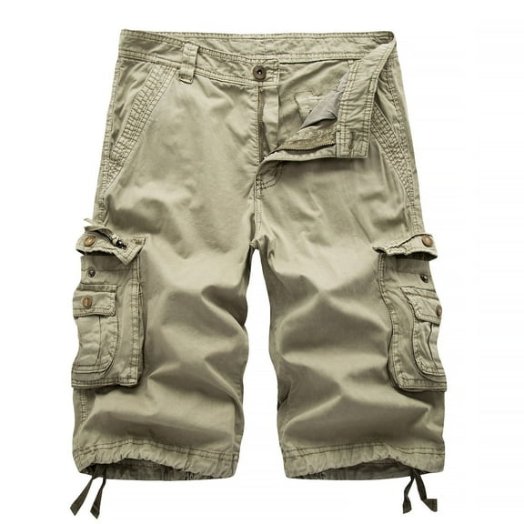 Zylanna Men's Shorts Cargo Pants, Loose Relax Fit Straight Button Solid Color Multi-Pockets Outdoor Workwear Sports Cargo Shorts for Men Khaki Size L