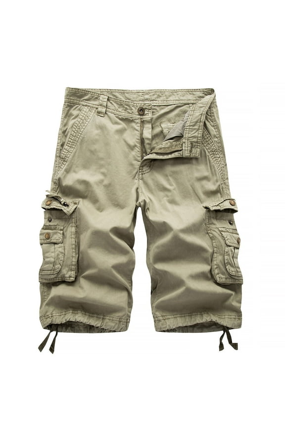 Men's Shorts Cargo Pants, Loose Relax Fit Straight Button Solid Color Multi-Pockets Outdoor Workwear Sports Cargo Shorts for Men Khaki Size L