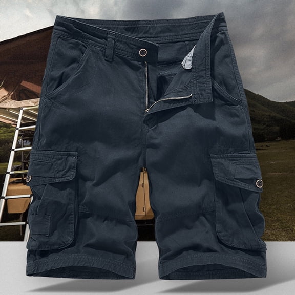 Zylanna Men's Shorts Cargo Pants, Outdoor Workwear Multi-Pockets Loose Relax Fit Straight Button Solid Color Sports Cargo Shorts for Men Dark Blue Size M