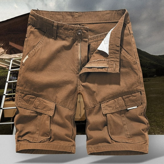 Zylanna Men's Shorts Cargo Pants, Outdoor Workwear Straight Button Loose Relax Fit Solid Color Multi-Pockets Sports Cargo Shorts for Men Coffee Size 2XL