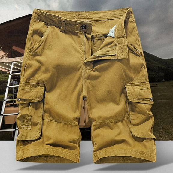 Zylanna Men's Shorts Cargo Pants, Solid Color Loose Relax Fit Multi-Pockets Straight Button Outdoor Workwear Sports Cargo Shorts for Men Khaki Size M