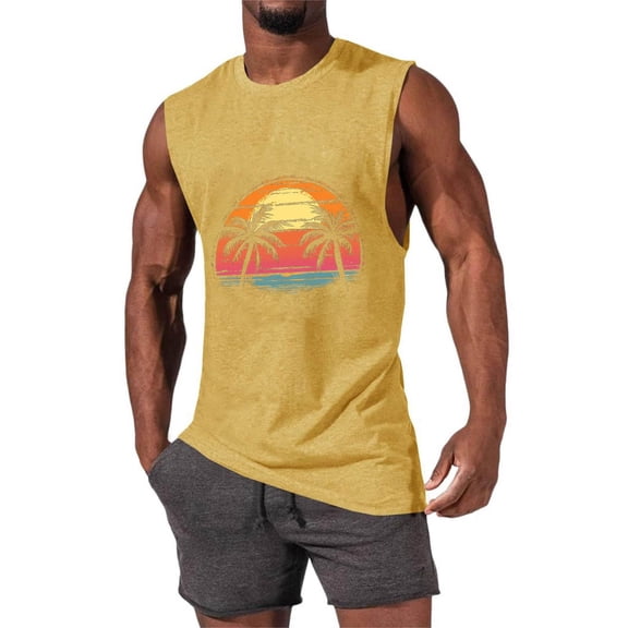 Zylanna Men's Sleeveless Muscle Shirt, Crew Neck Fashion Print Quick-Dry Moisture-Wicking Gym wear Tank Tops for Sport Yellow