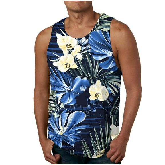 Zylanna Men's Sleeveless Muscle Shirt, Crew Neck Hawaii Print Moisture-Wicking Quick-Dry Gym wear Tank Tops for Sport Blue