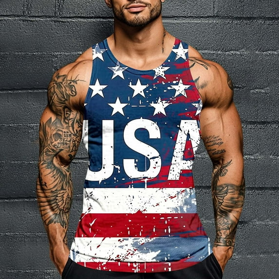 Zylanna Men's Sleeveless Muscle Shirt, Crew Neck Moisture-Wicking Independence Day Print Quick-Dry Gym wear Tank Tops for Sport Navy