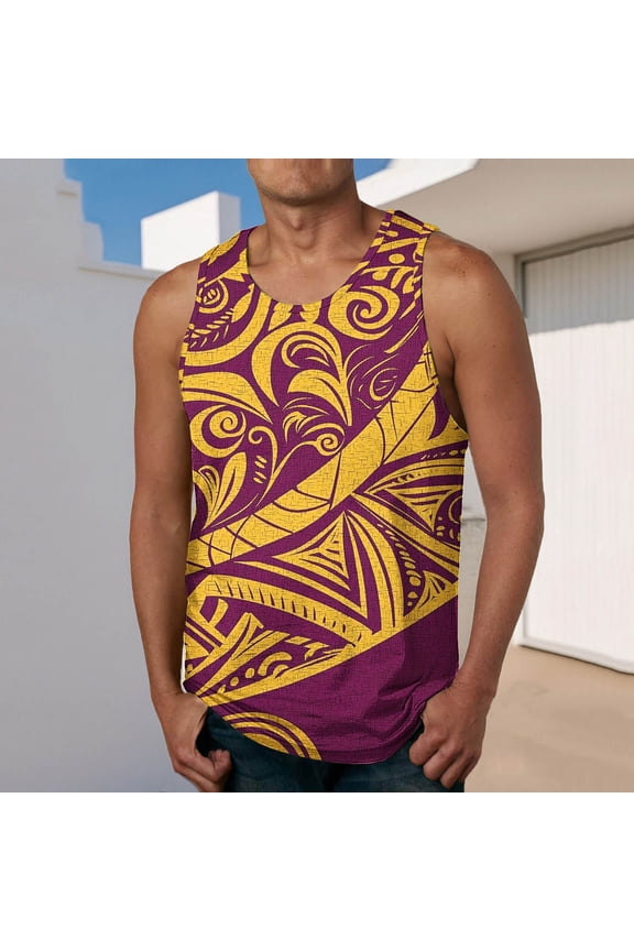 Men's Sleeveless Muscle Shirt, Crew Neck Polynesian Tribal Print Quick-Dry Moisture-Wicking Gym wear Tank Tops for Sport Yellow