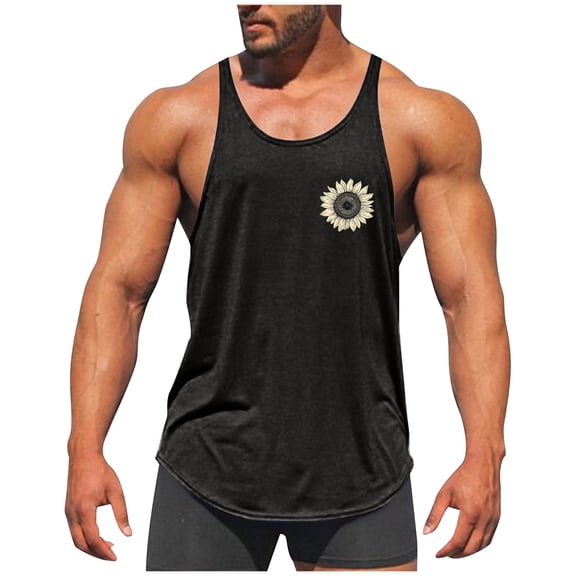 Zylanna Men's Sleeveless Muscle Shirt, Crew Neck Quick-Dry Moisture-Wicking Flower Print Gym wear Tank Tops for Sport Black