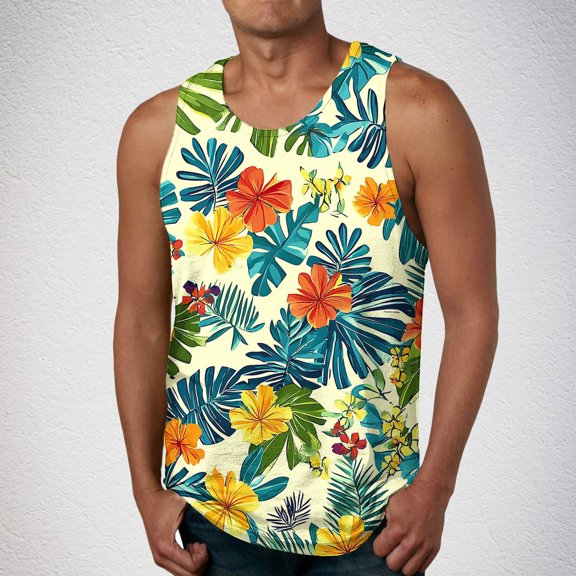 Zylanna Men's Sleeveless Muscle Shirt, Hawaii Print Moisture-Wicking Crew Neck Quick-Dry Gym wear Tank Tops for Sport Multicolor