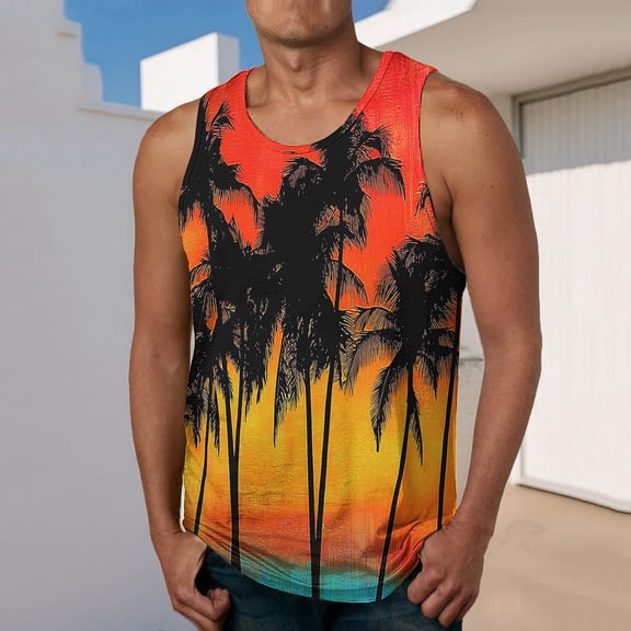 Zylanna Men's Sleeveless Muscle Shirt, Hawaii Print Quick-Dry Crew Neck Moisture-Wicking Gym wear Tank Tops for Sport Yellow
