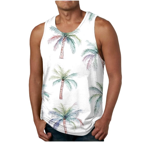 Zylanna Men's Sleeveless Muscle Shirt, Hawaii Print Quick-Dry Moisture-Wicking Crew Neck Gym wear Tank Tops for Sport White