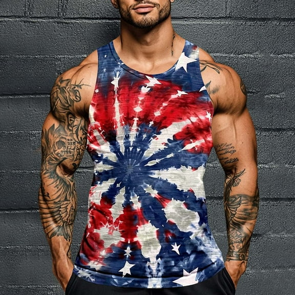 Zylanna Men's Sleeveless Muscle Shirt, Independence Day Print Quick-Dry Crew Neck Moisture-Wicking Gym wear Tank Tops for Sport Navy
