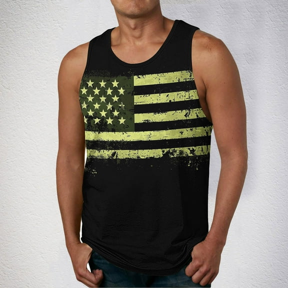Zylanna Men's Sleeveless Muscle Shirt, Independence Day Print Quick-Dry Moisture-Wicking Crew Neck Gym wear Tank Tops for Sport Black