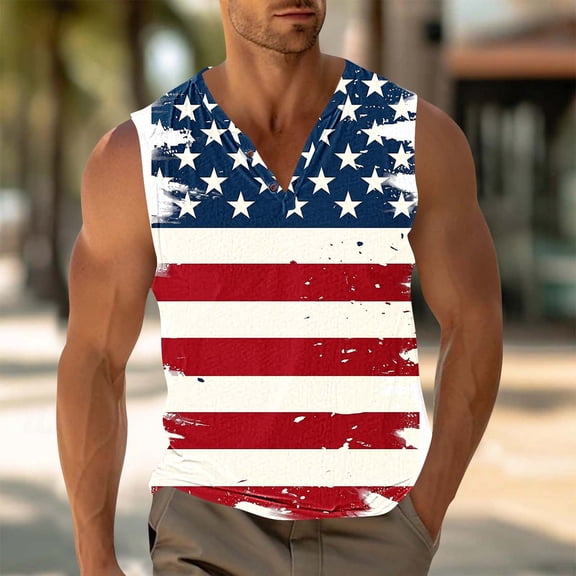 Zylanna Men's Sleeveless Muscle Shirt, Independence Day Print V-Neck Quick-Dry Moisture-Wicking Gym wear Tank Tops for Sport White