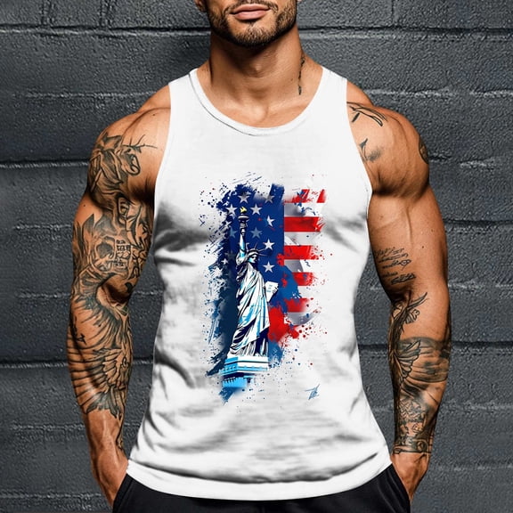Zylanna Men's Sleeveless Muscle Shirt, Moisture-Wicking Crew Neck Independence Day Print Quick-Dry Gym wear Tank Tops for Sport White