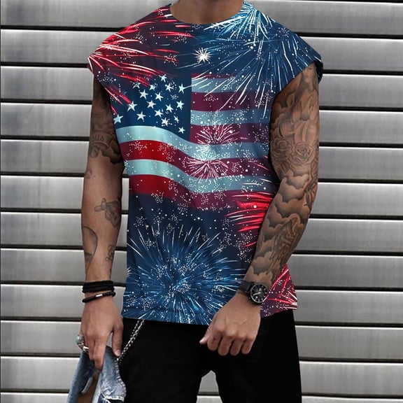 Zylanna Men's Sleeveless Muscle Shirt, Moisture-Wicking Crew Neck Quick-Dry Independence Day Print Gym wear Tank Tops for Sport Navy