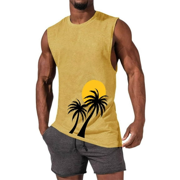 Zylanna Men's Sleeveless Muscle Shirt, Moisture-Wicking Fashion Print Crew Neck Quick-Dry Gym wear Tank Tops for Sport Yellow
