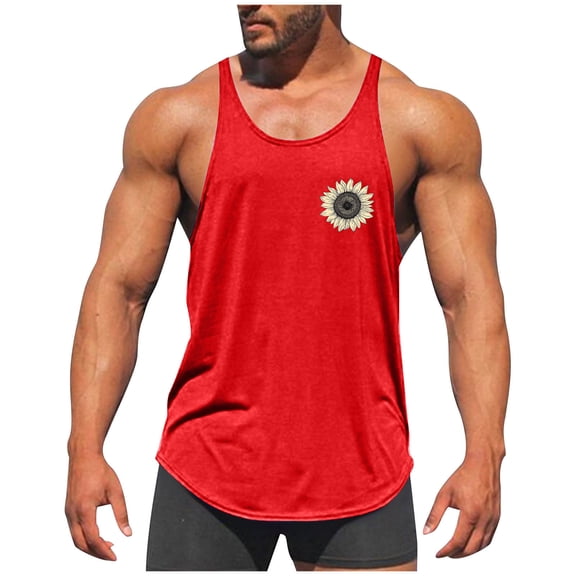 Zylanna Men's Sleeveless Muscle Shirt, Moisture-Wicking Flower Print Crew Neck Quick-Dry Gym wear Tank Tops for Sport Red