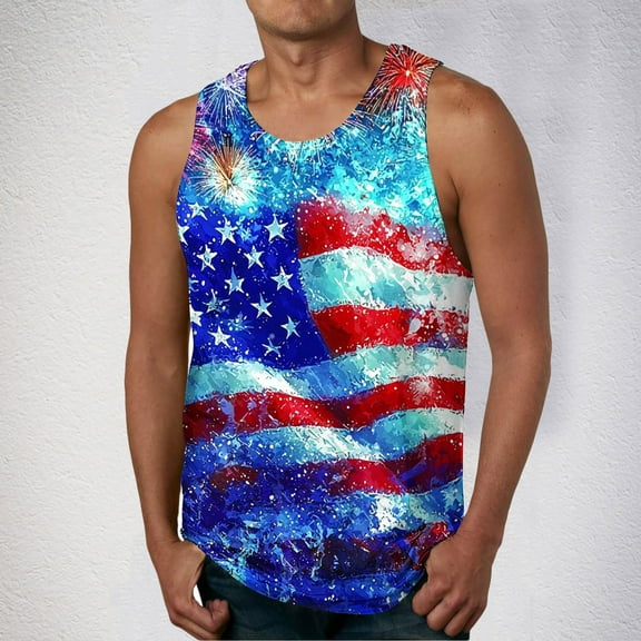Zylanna Men's Sleeveless Muscle Shirt, Moisture-Wicking Independence Day Print Crew Neck Quick-Dry Gym wear Tank Tops for Sport Blue