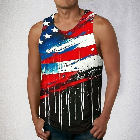 Zylanna Men's Sleeveless Muscle Shirt, Moisture-Wicking Quick-Dry Independence Day Print Crew Neck Gym wear Tank Tops for Sport Black