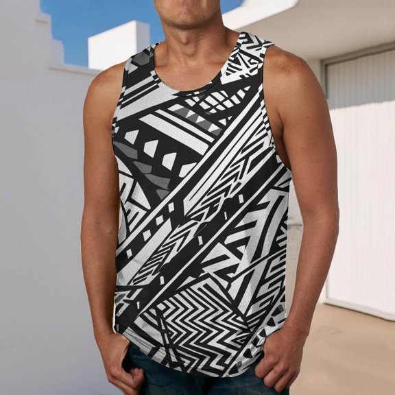 Zylanna Men's Sleeveless Muscle Shirt, Polynesian Tribal Print Quick-Dry Moisture-Wicking Crew Neck Gym wear Tank Tops for Sport Dark Gray