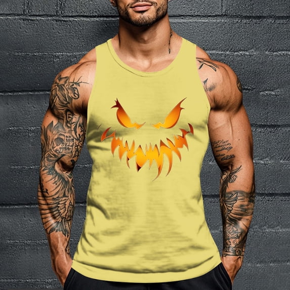 Zylanna Men's Sleeveless Muscle Shirt, Quick-Dry Crew Neck Moisture-Wicking Cool Print Gym wear Tank Tops for Sport Yellow