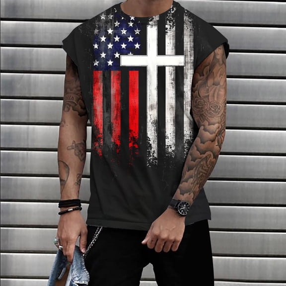 Zylanna Men's Sleeveless Muscle Shirt, Quick-Dry Crew Neck Moisture-Wicking Independence Day Print Gym wear Tank Tops for Sport Black