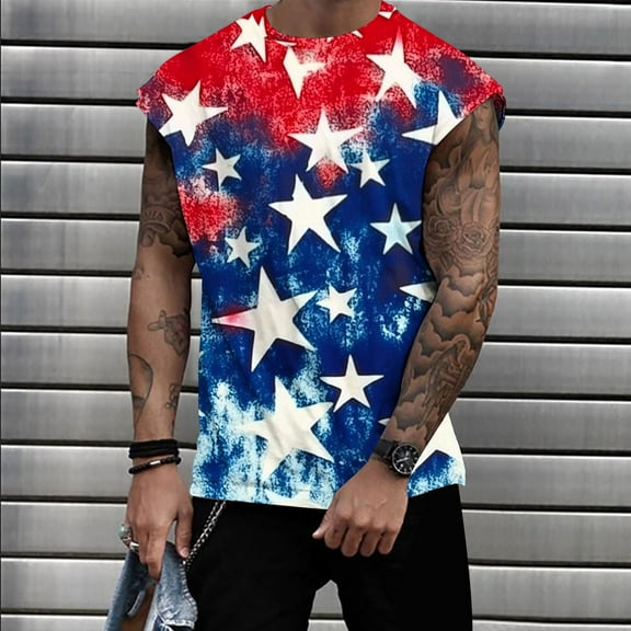 Zylanna Men's Sleeveless Muscle Shirt, Quick-Dry Crew Neck Moisture-Wicking Independence Day Print Gym wear Tank Tops for Sport Blue