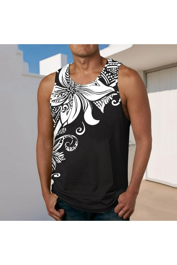 Men's Sleeveless Muscle Shirt, Quick-Dry Crew Neck Polynesian Tribal Print Moisture-Wicking Gym wear Tank Tops for Sport Black