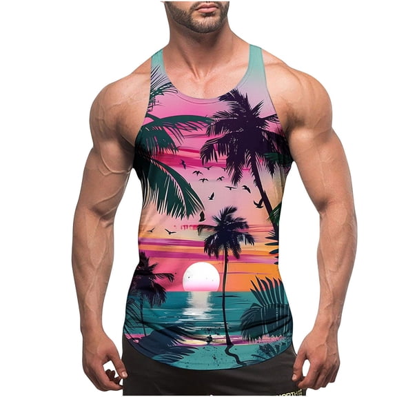 Zylanna Men's Sleeveless Muscle Shirt, Quick-Dry Hawaii Print Crew Neck Moisture-Wicking Gym wear Tank Tops for Sport Multicolor