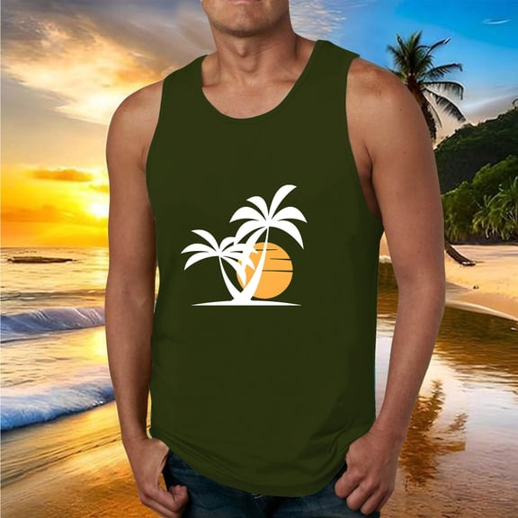 Zylanna Men's Sleeveless Muscle Shirt, Quick-Dry Hawaii Print Moisture-Wicking Crew Neck Gym wear Tank Tops for Sport Army Green