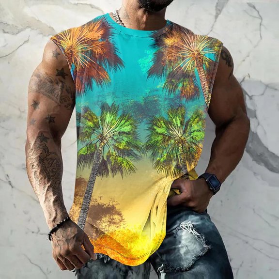 Zylanna Men's Sleeveless Muscle Shirt, Quick-Dry Hawaii Print Moisture-Wicking Crew Neck Gym wear Tank Tops for Sport Light Blue