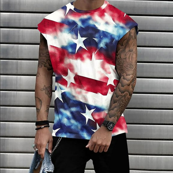 Zylanna Men's Sleeveless Muscle Shirt, Quick-Dry Independence Day Print Crew Neck Moisture-Wicking Gym wear Tank Tops for Sport Multicolor