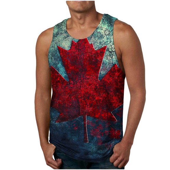 Zylanna Men's Sleeveless Muscle Shirt, Quick-Dry Maple Leaf Print Crew Neck Moisture-Wicking Gym wear Tank Tops for Sport Red