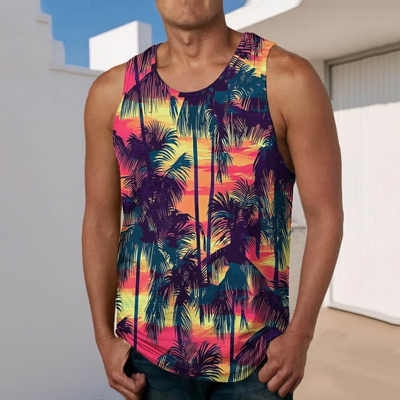 Zylanna Men's Sleeveless Muscle Shirt, Quick-Dry Moisture-Wicking Hawaii Print Crew Neck Gym wear Tank Tops for Sport Red
