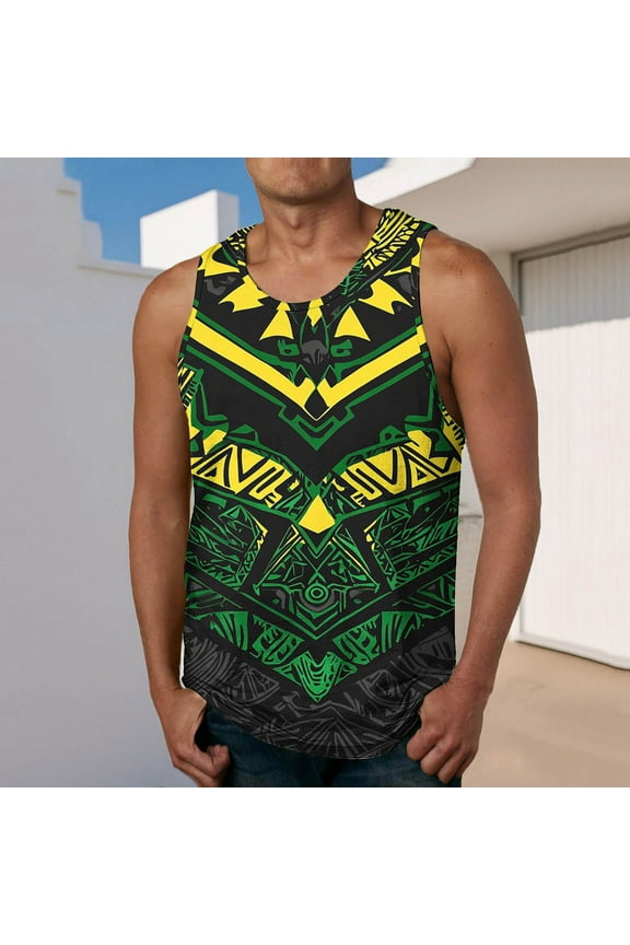 Men's Sleeveless Muscle Shirt, Quick-Dry Polynesian Tribal Print Crew Neck Moisture-Wicking Gym wear Tank Tops for Sport Army Green