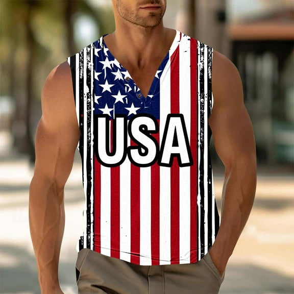 Zylanna Men's Sleeveless Muscle Shirt, V-Neck Independence Day Print Quick-Dry Moisture-Wicking Gym wear Tank Tops for Sport Navy