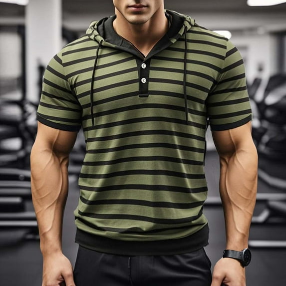 Zylanna Men's Striped Hoodie Shirt, Breathable Short Sleeve Casual with Drawstring Tops for Outdoor Workout Hiking Army Green