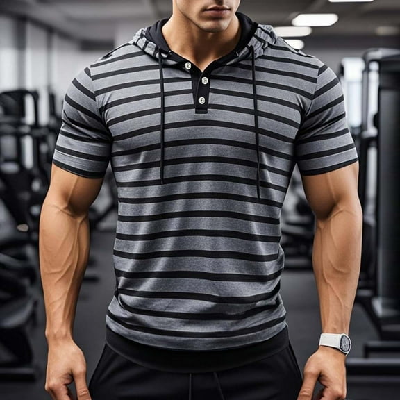 Zylanna Men's Striped Hoodie Shirt, with Drawstring Casual Breathable Short Sleeve Tops for Outdoor Workout Hiking Gray