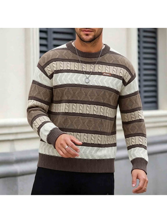 Men's Striped Knit Sweater, Long Sleeve Striped Warm Crew Neck Fall Winter Casual Pullover for Daily Wear Coffee