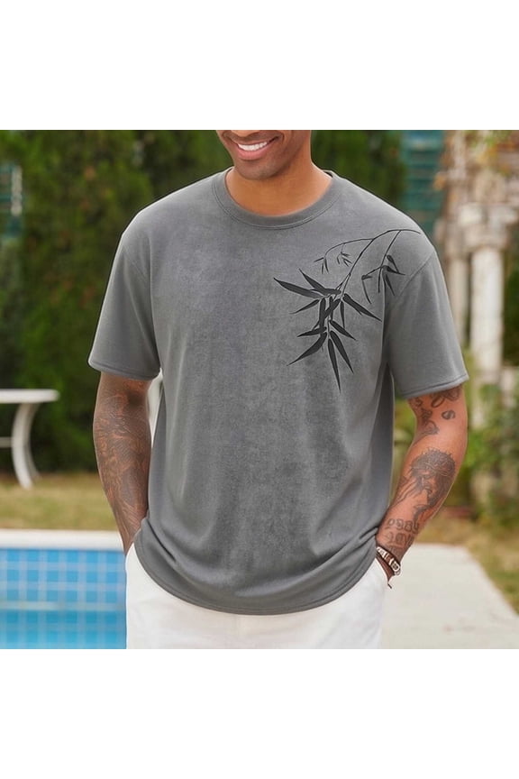 Men's Suede T-Shirts Tee, Short Sleeve Casual Bamboo Print Crew Neck Summer Tops for Men Dark Gray