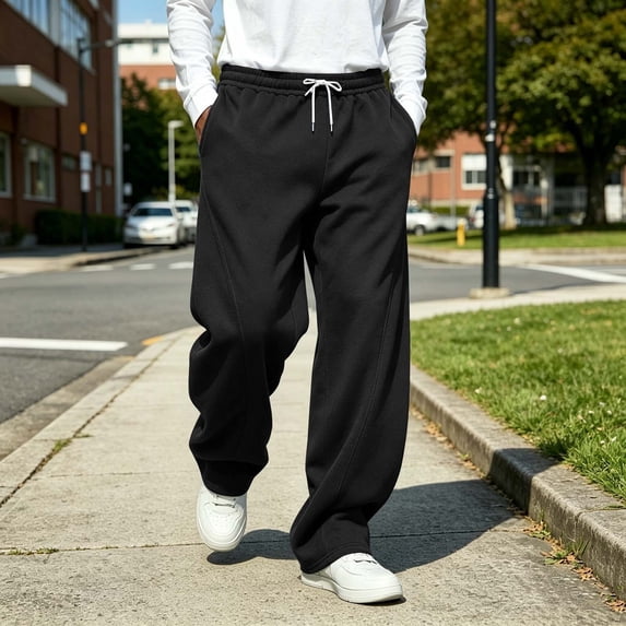 Zylanna Men's Sweatpants with Side Pockets, Drawstring Elastic Waist Breathable Baggy Solid Color Activewear Jogger Pants for Sports Black
