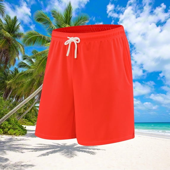 Zylanna Men's Swim Trunks, Quick Dry Elastic Waist Solid Color with Pockets Beach Board Shorts Red